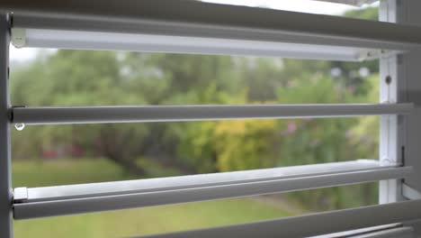 fuertes lluvias y tormentas desde la ventana de una casa en un jardín