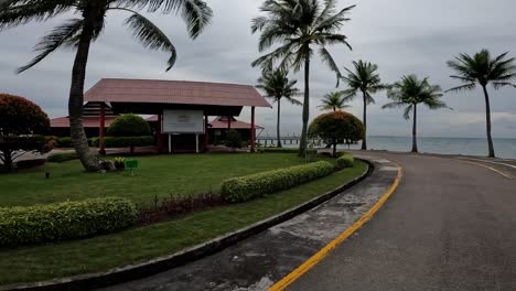 resort building driving away with palm trees and ocean