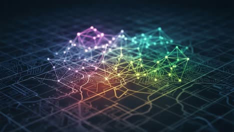 visual representation of data networks: a dynamic display of colorful connections and patterns overlaid on a geometric map background