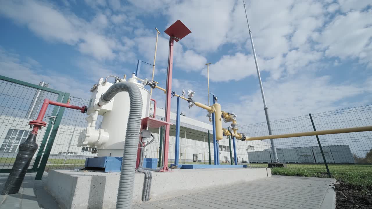가스 배급 스테이션 - 공업 시설 - 여름날에 열린 공간에서 파이프를 가진 가스 가공 스테이션. 가스 공급 - 파이프로 천연 가스를 운반하는 것.