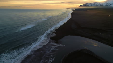 Drone-shot-of-nordic-black-sand-beach