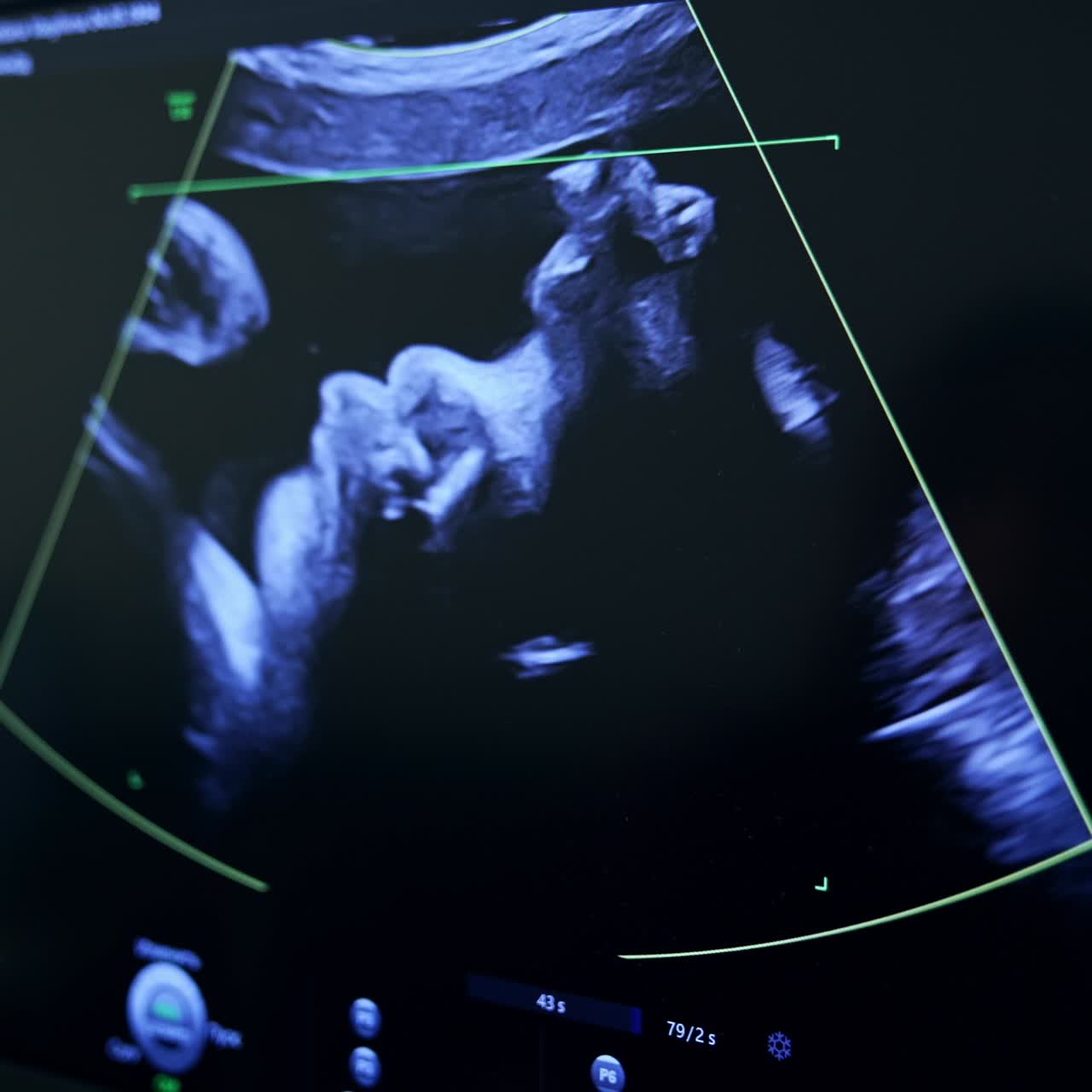 Ultrasonic picture of a baby in mom's womb at the black screen. Checking the child's development with the help of modern equipment. Close up