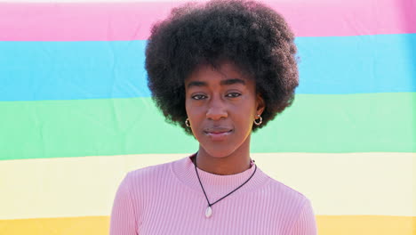 african woman, pride flag and face in portrait