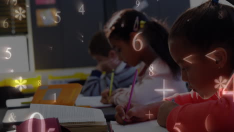 escolares escribiendo mientras los números y los símbolos se mueven
