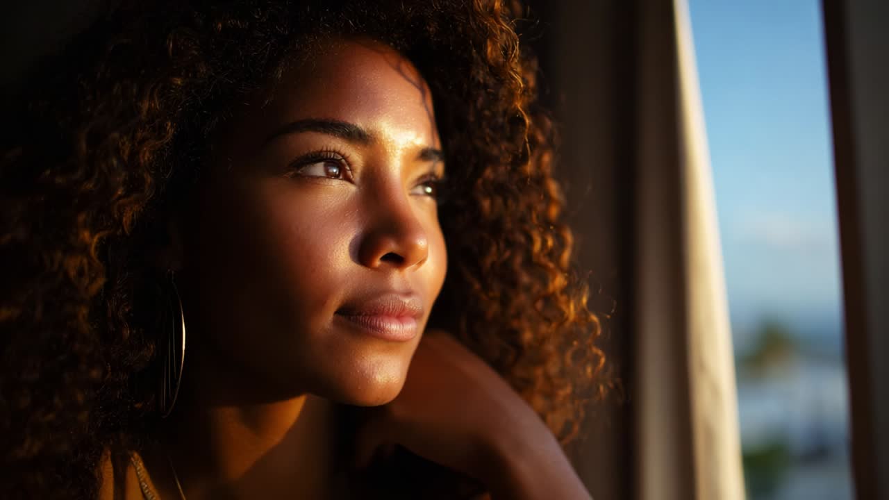 A woman with beautiful curly hair gazes thoughtfully out of a window, illuminated by warm, soft evening light, capturing a serene moment of reflection and introspection as the sun sets in the background