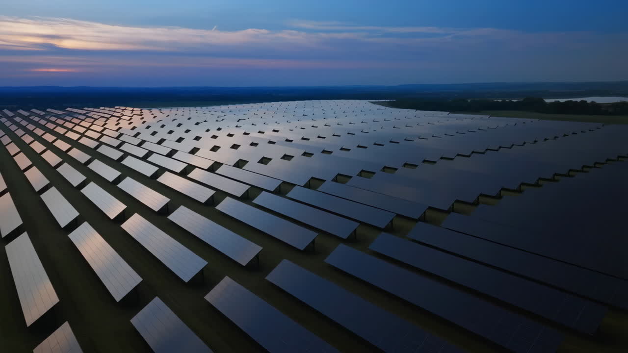 Aerial view of a large solar panel farm at twilight