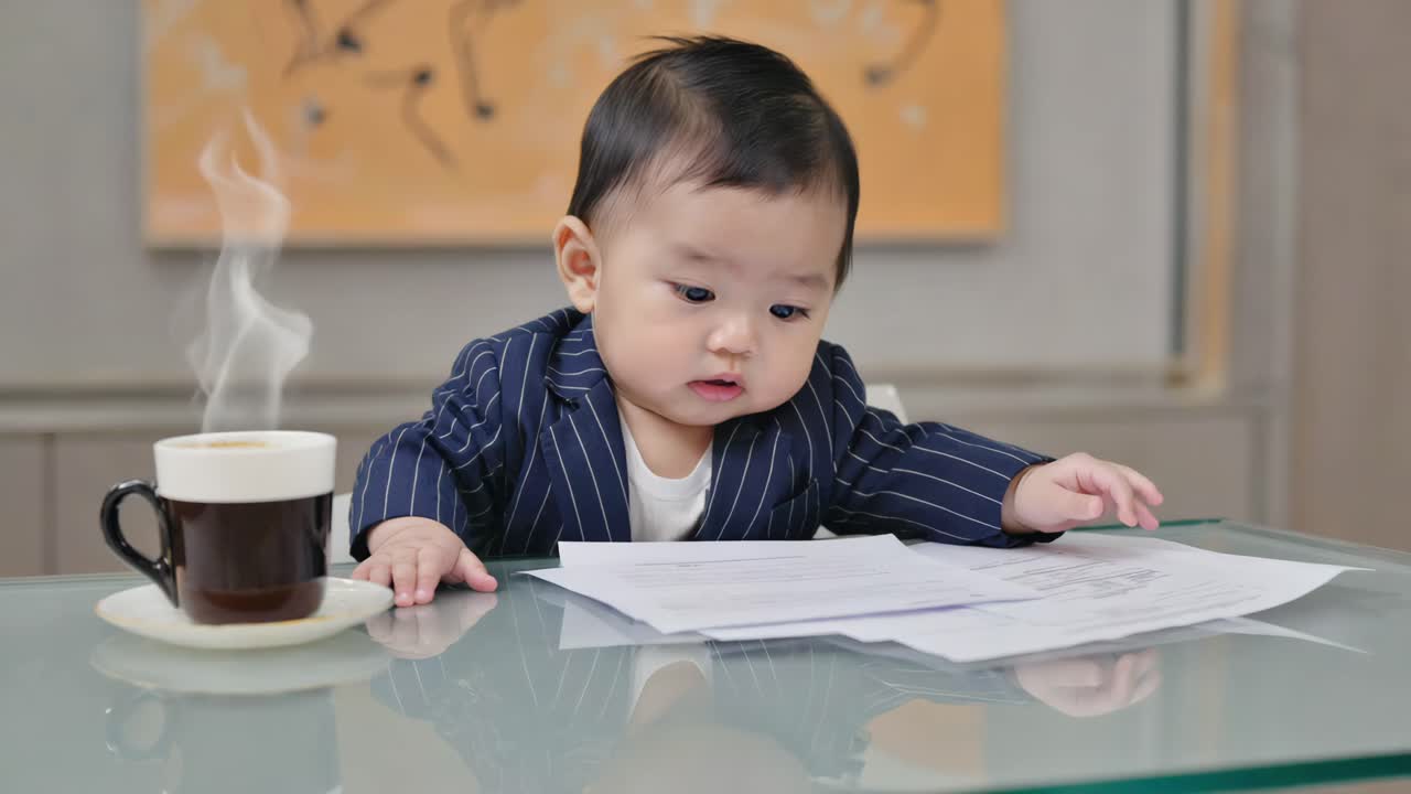 A cute baby dressed in a suit sits at an office desk with coffee and documents
