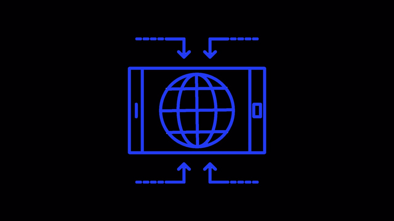 Blue Line Art Animation of Tablet, Globe, and Data Flow