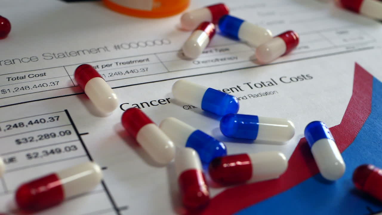 Cancer treatment prescription pills spilling onto a prop medical health insurance form SLOW MOTION