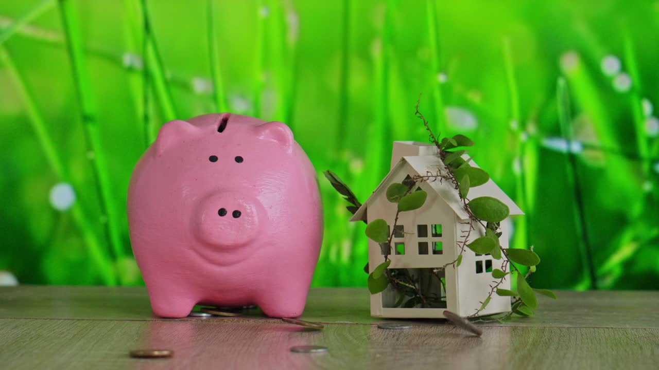 Coins falling into piggy bank next to small house for concept of saving money and energy
