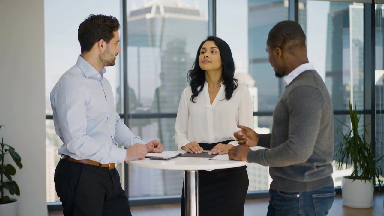 Talking right man gesturing, explaining plan to team at office table with tablet, business-casual