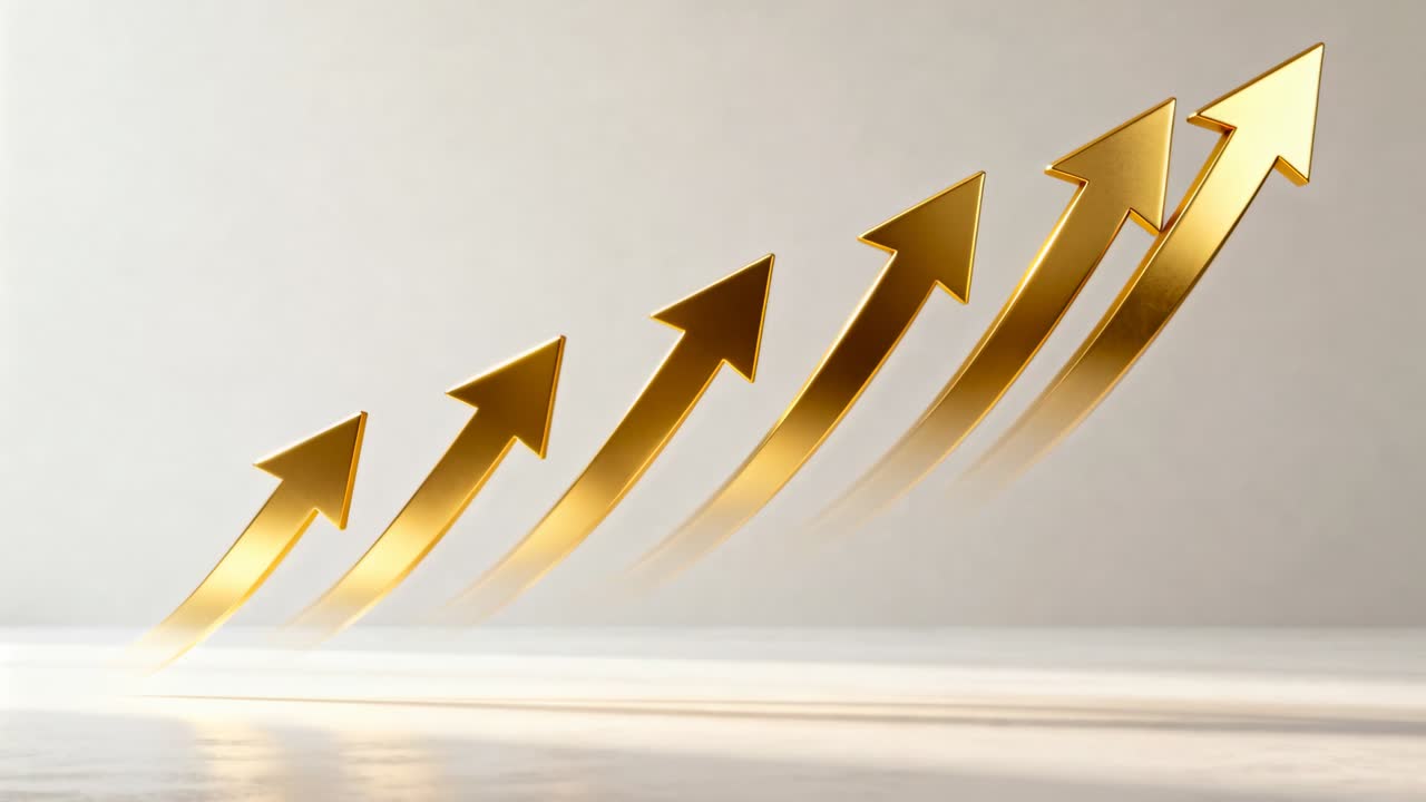 Rising gold arrows from lower-left glow, moving up-right across studio leaving streaks, floor gleam
