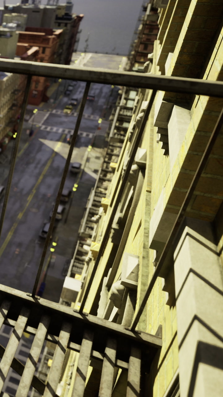 View from a building fire escape overlooking a city street in the daytime
