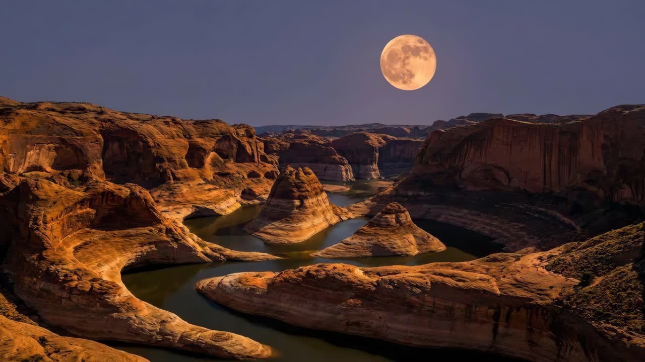 Naturskønt landskab af Lake Powell om natten med fuldmåne