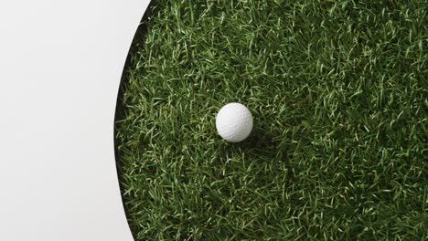 close up of golf ball on grass with white background, copy space, slow motion