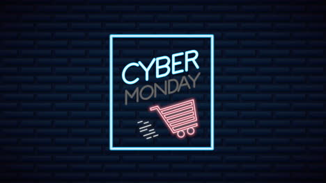 cyber monday neon lights animation with shopping cart