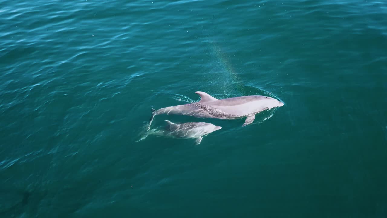 Mother and baby dolphin swimming in deep blue waters - delphinus - Aerial view