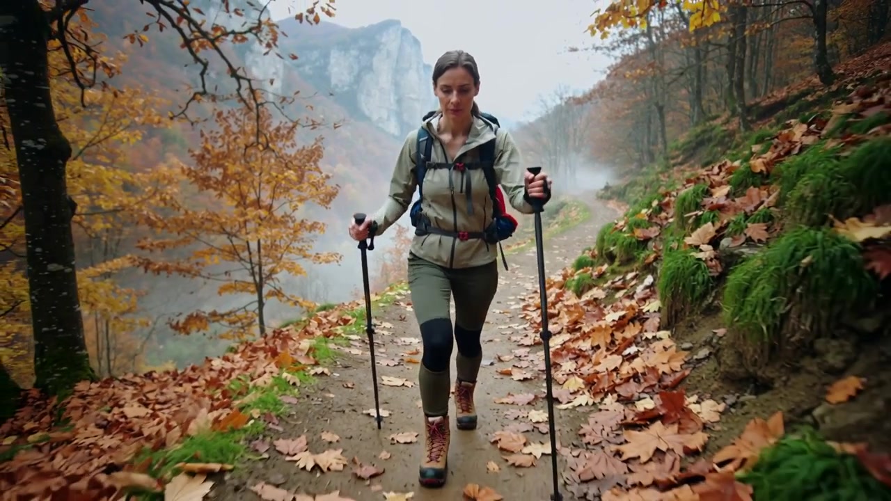 Wandelstokken plantend, vrouwelijke wandelaar beweegt richting camera om bergpad te navigeren, draagt laarzen en rugzak.