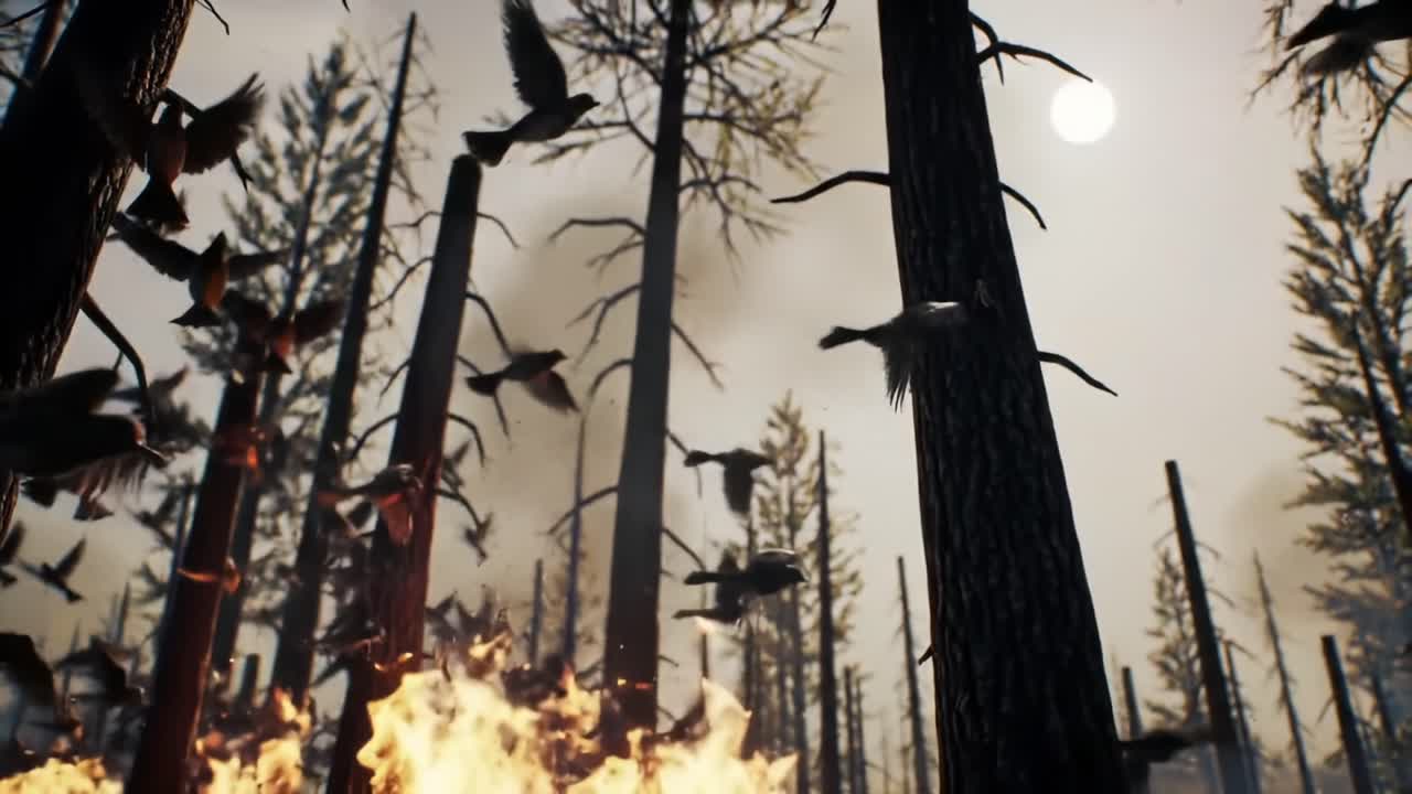 A Haunting Encounter with Nature: Birds Take Flight Amidst the Smoldering Remnants of a Forest Fire Under a Gloomy Sky