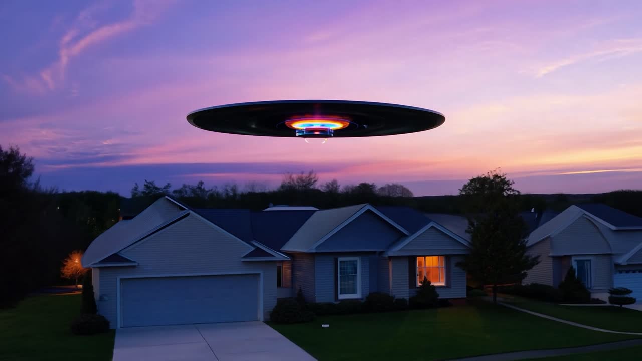 Gün Batımında Banliyö Evinin Üzerinde UFO