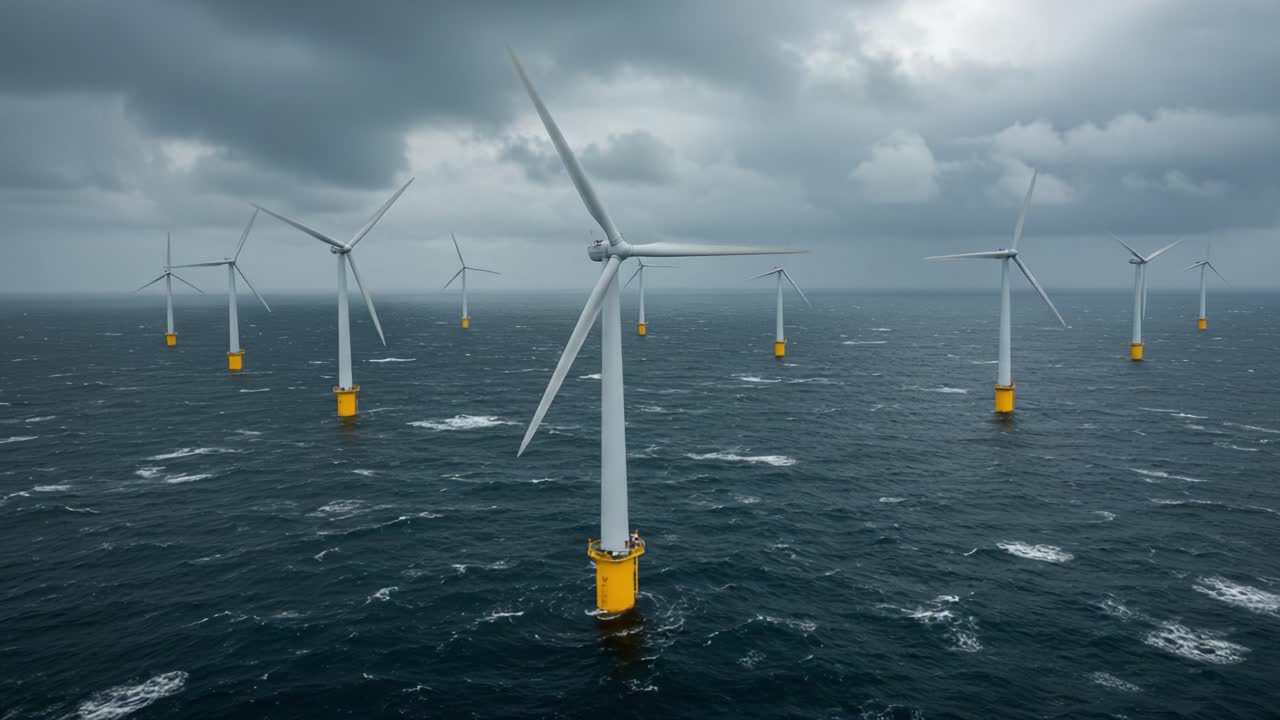 Aerial View of Offshore Wind Turbines in a Stormy Ocean, Showcasing Renewable Energy Infrastructure and Sustainable Power Generation Amidst Dark Clouds