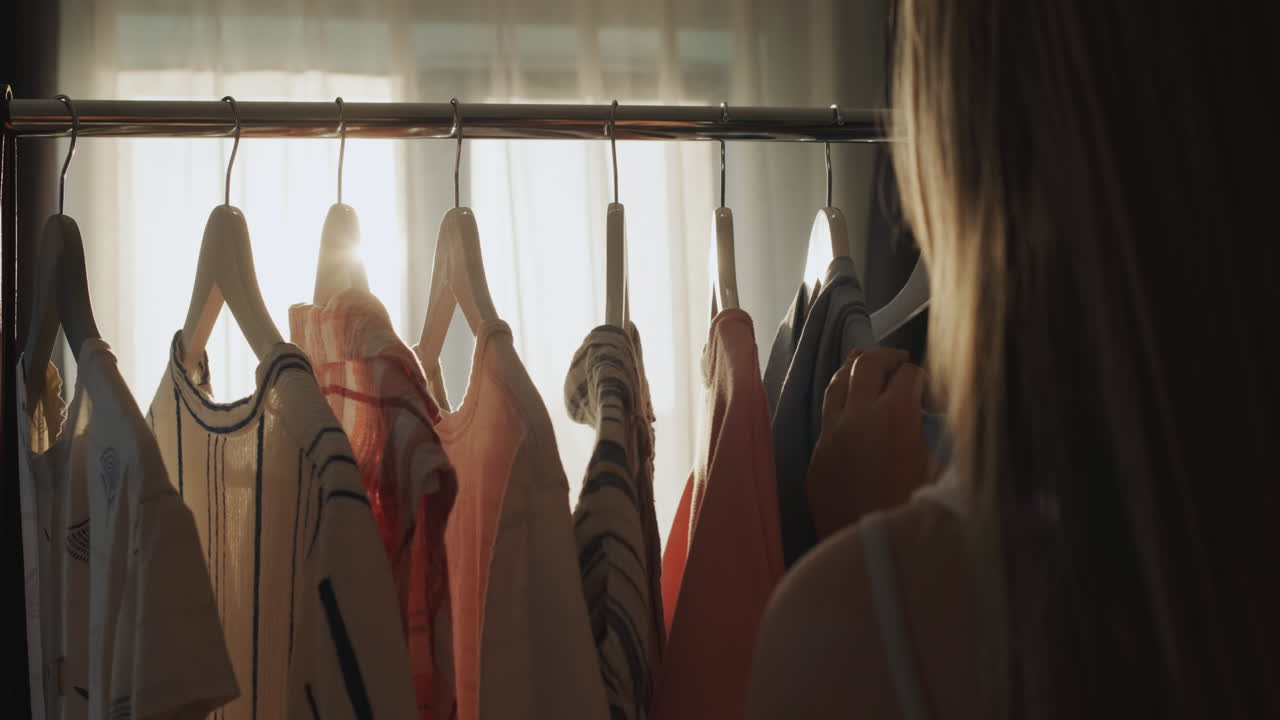 십대 소녀는 무엇을 입을지 선택하고, 그녀의 앞에 그녀의 어깨에 옷이 매달려 있습니다. 태양은 옷을 조명합니다.