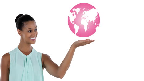 animación del logotipo del globo rosa sobre una mujer joven