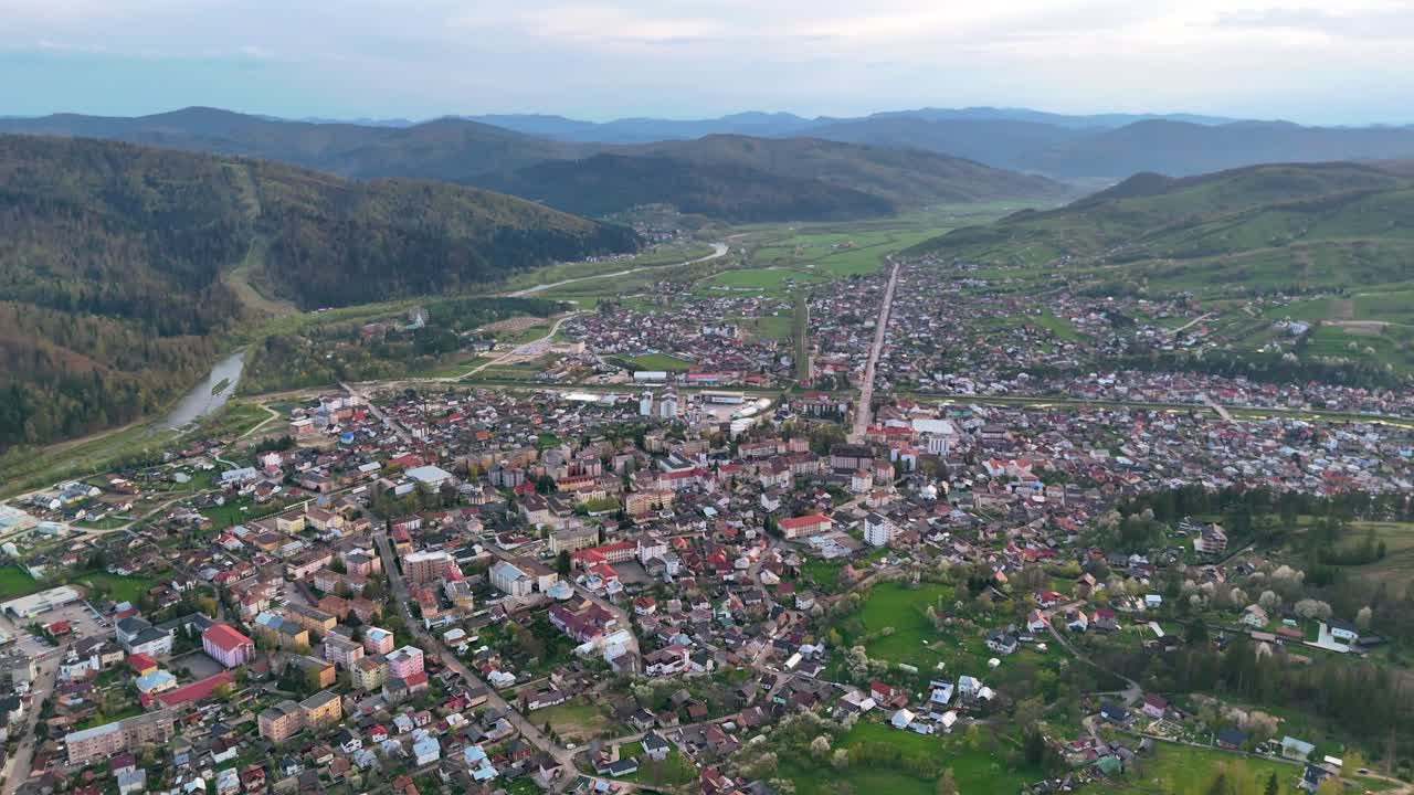 Drone video of Gura Humorului at sunsetl