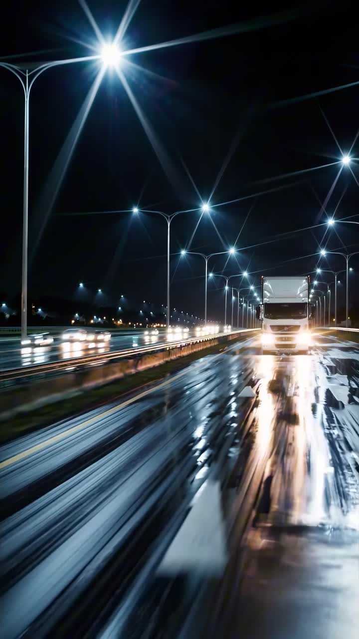 Video notturno di un'autostrada che riprende un camion da un angolo basso, mettendo in risalto i riflessi della strada bagnata