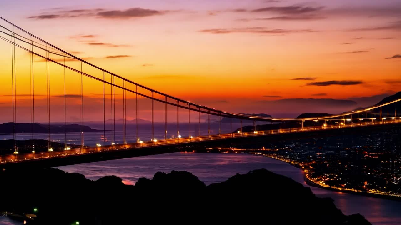 일본의 아카시 카이키오 다리는 어두워지자 불빛으로 뒤에 있는 도시 풍경을 보여준다.