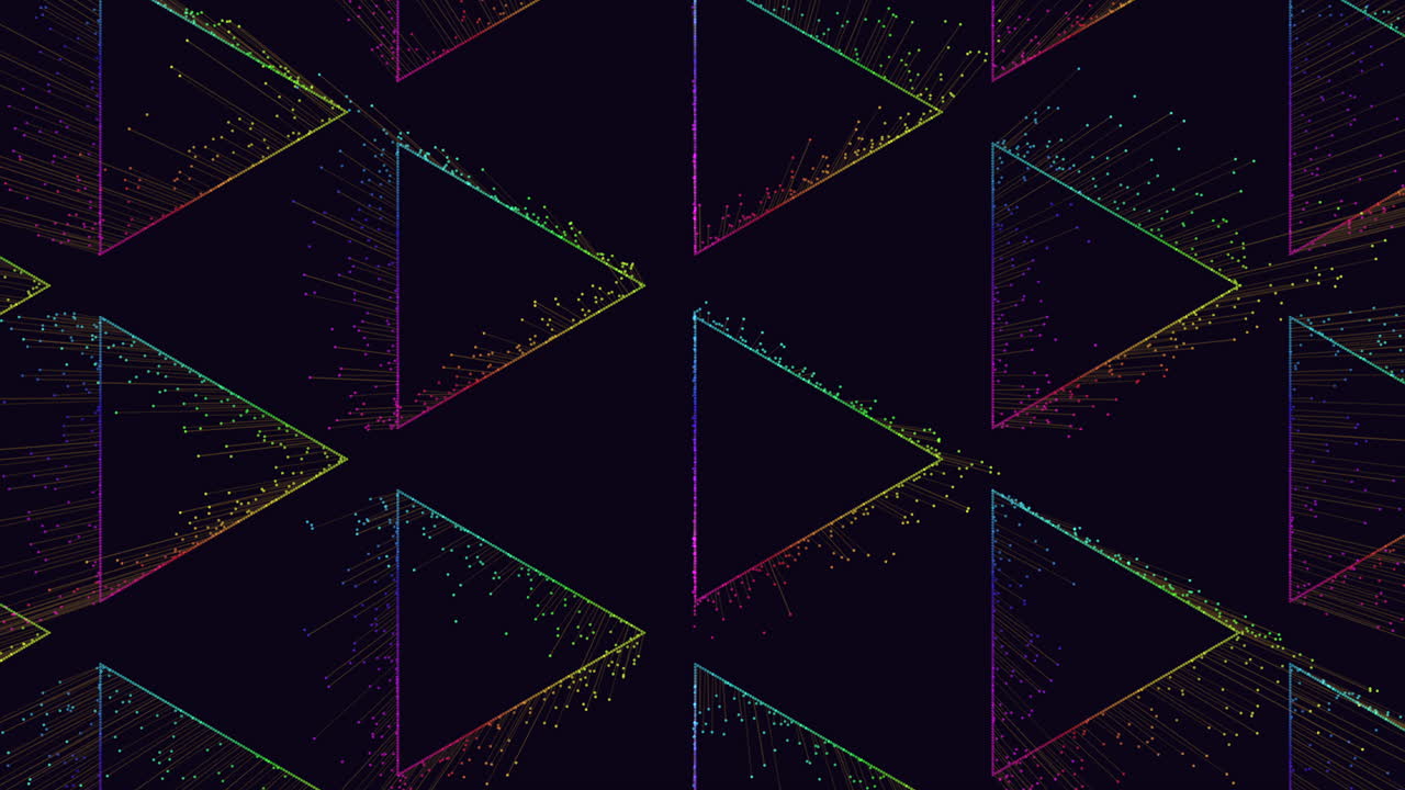 작은 동작 점과 선이 있는 미래형 무지개 삼각형 패턴