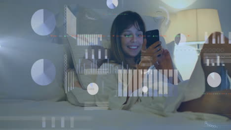 data analytics animation over woman using smartphone while relaxing in bed