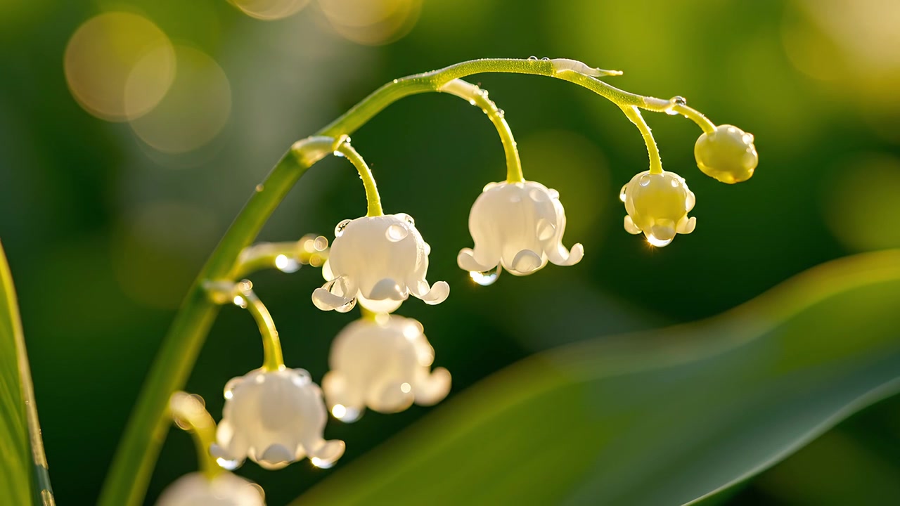Fiori di mughetto con rugiada alla luce del sole mattutino