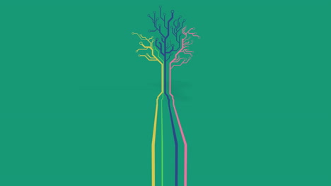 animation of a tree made of neon, yellow, blue and pink lines on green background.