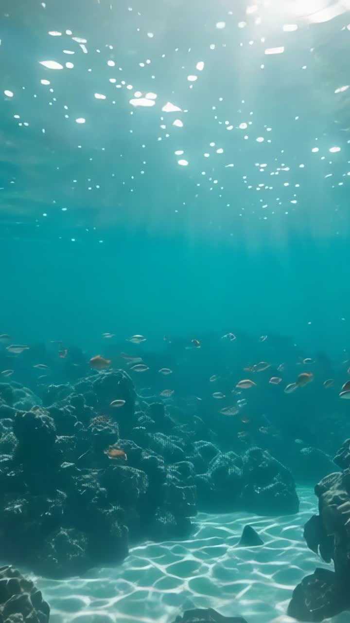 Vertical video: Panning camera in shallow reef triggered by sunlight, showing corals and anthias