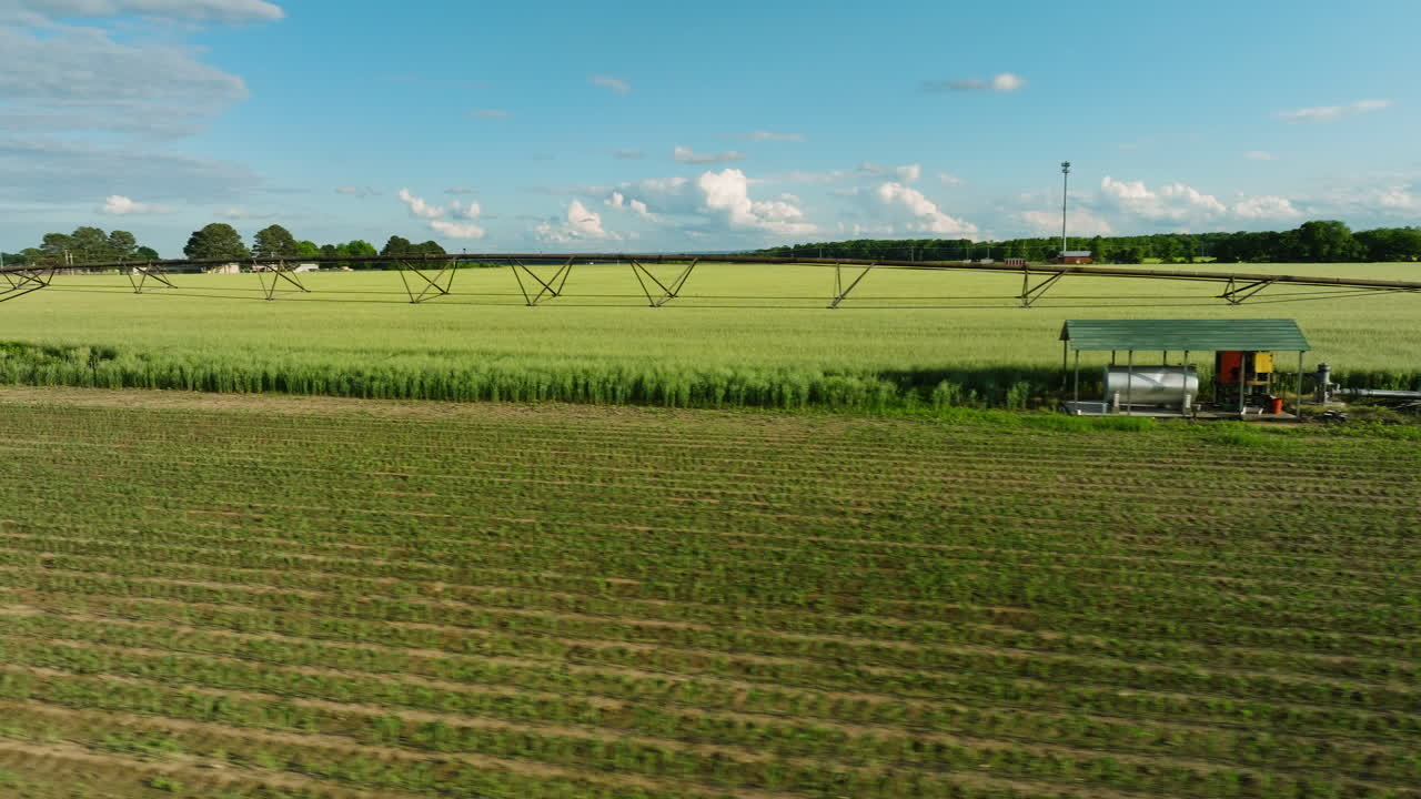 Rural Arkansas farmland with small barn, expansive fields under sunny skies, aerial side view