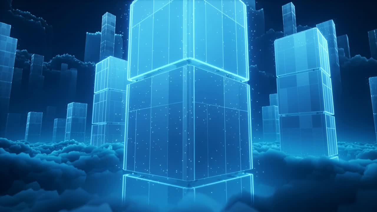 Moving camera revealing central cuboid tower to show lit layers above clouds at night with sparks