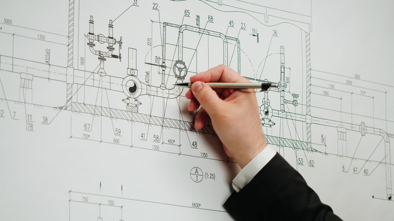 A hand working on a technical engineering blueprint