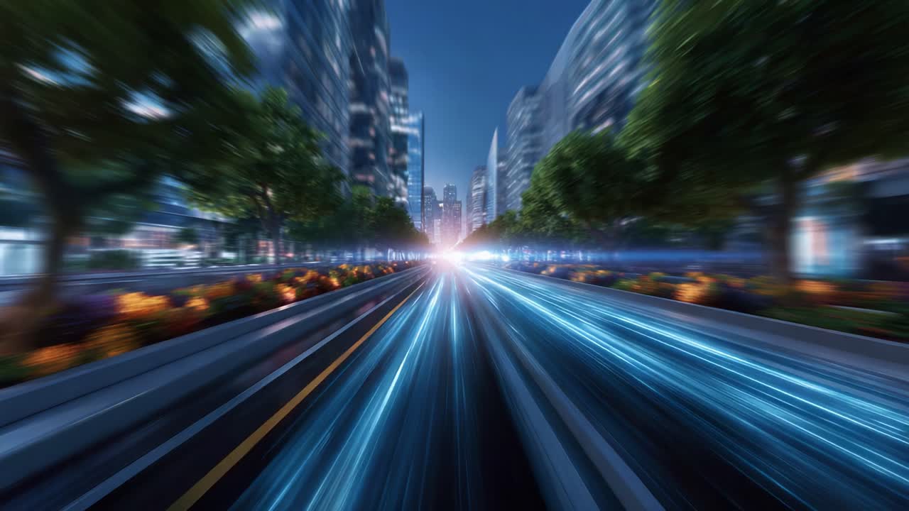 Scena notturna dinamica di un paesaggio urbano futuristico con luci sfocate e colori vivaci che illustrano velocità e movimento su una strada ben illuminata
