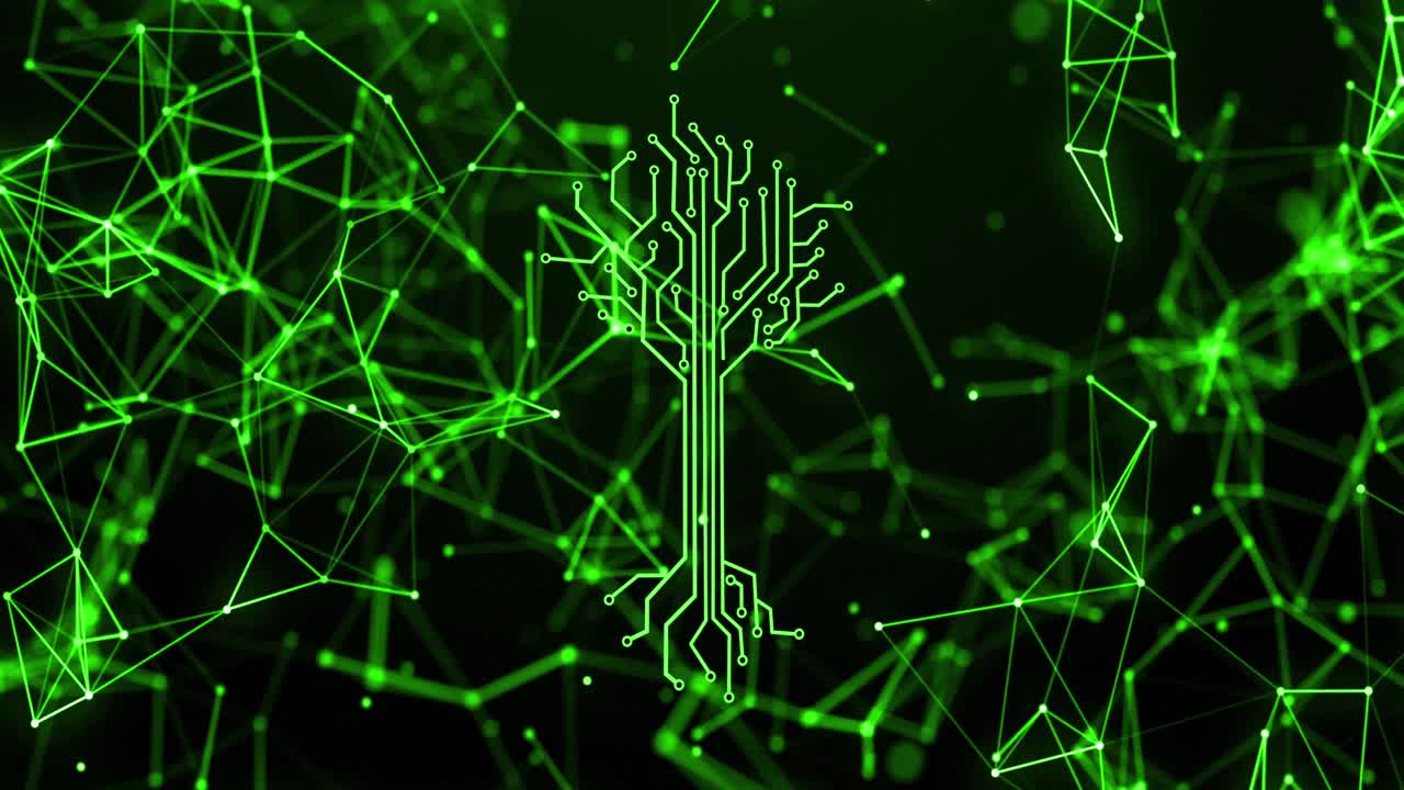 Animation of integrated circuit and digital tree on black background