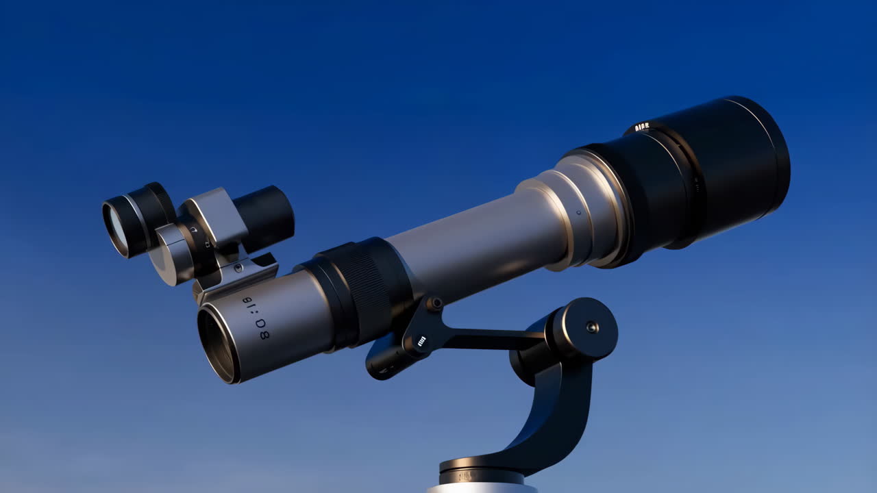 Telescope aimed at the night sky with visible stars