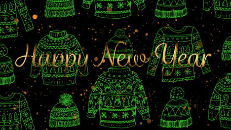 animation of new year greetings over christmas green jumper and hat pattern in background