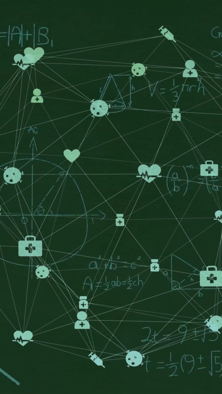 Animation of network of people and health icons over mathematical equations on chalkboard