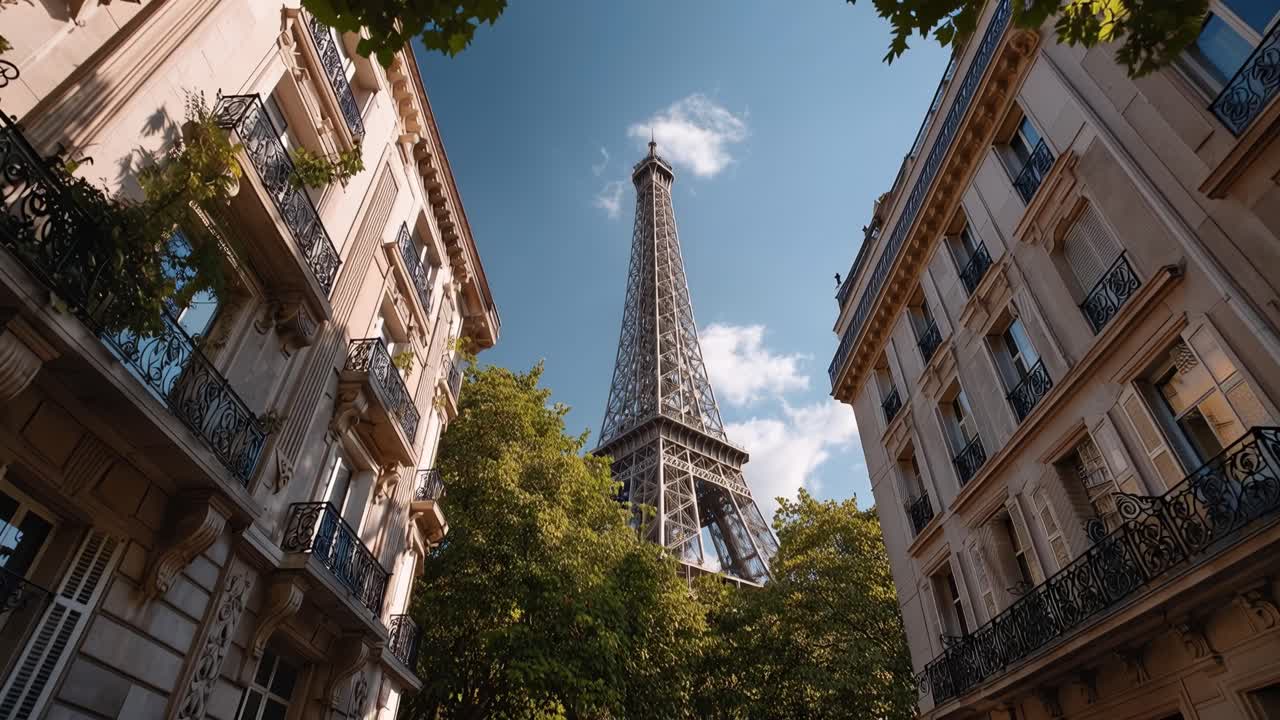 La luce del sole filtra attraverso le foglie verdi. La Torre Eiffel si erge dietro gli edifici in pietra. Le finestre incorniciano la struttura iconica. Gli alberi incorniciano la vista. Le strade parigine appaiono tranquille.
