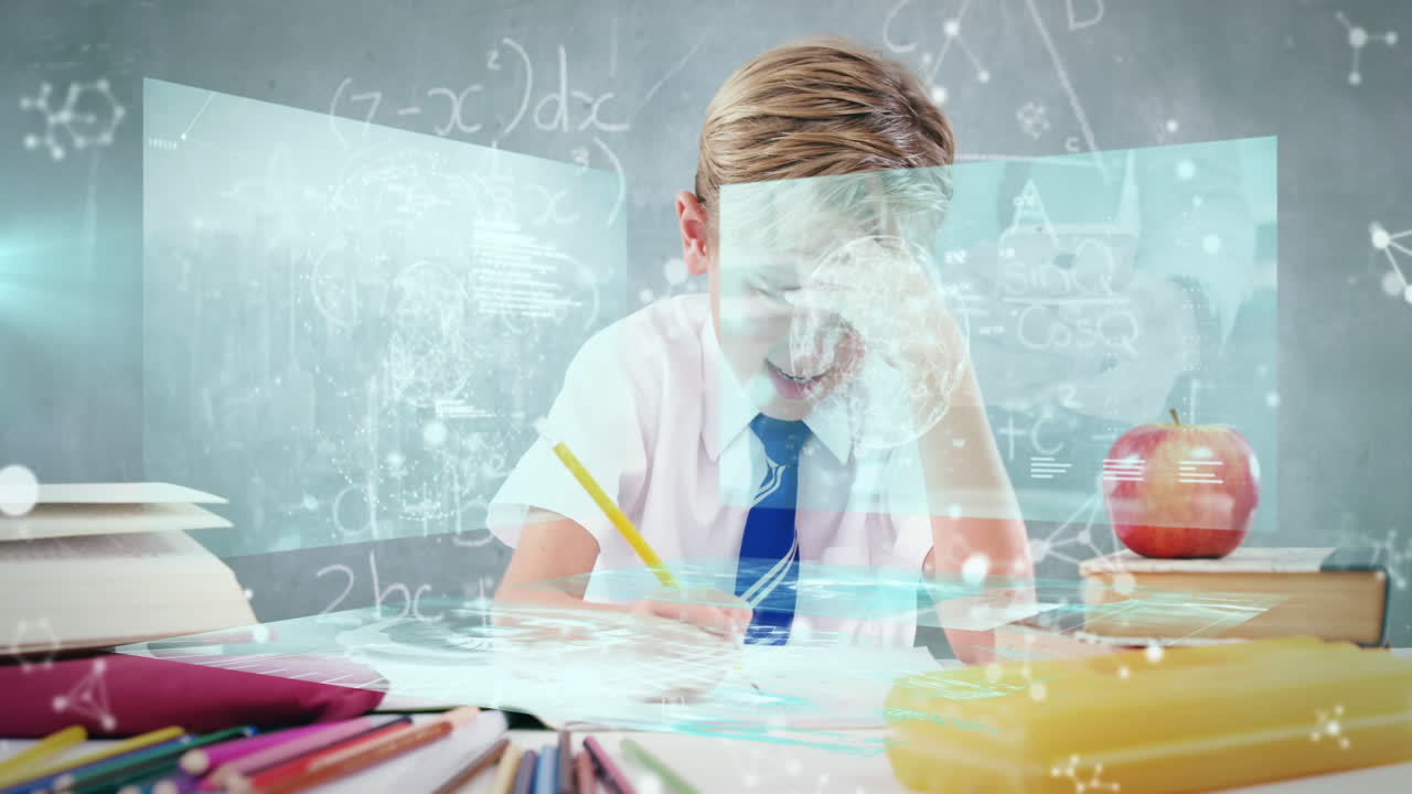 백인 학교생에 대한 스크린에서 과학적 데이터 처리 애니메이션