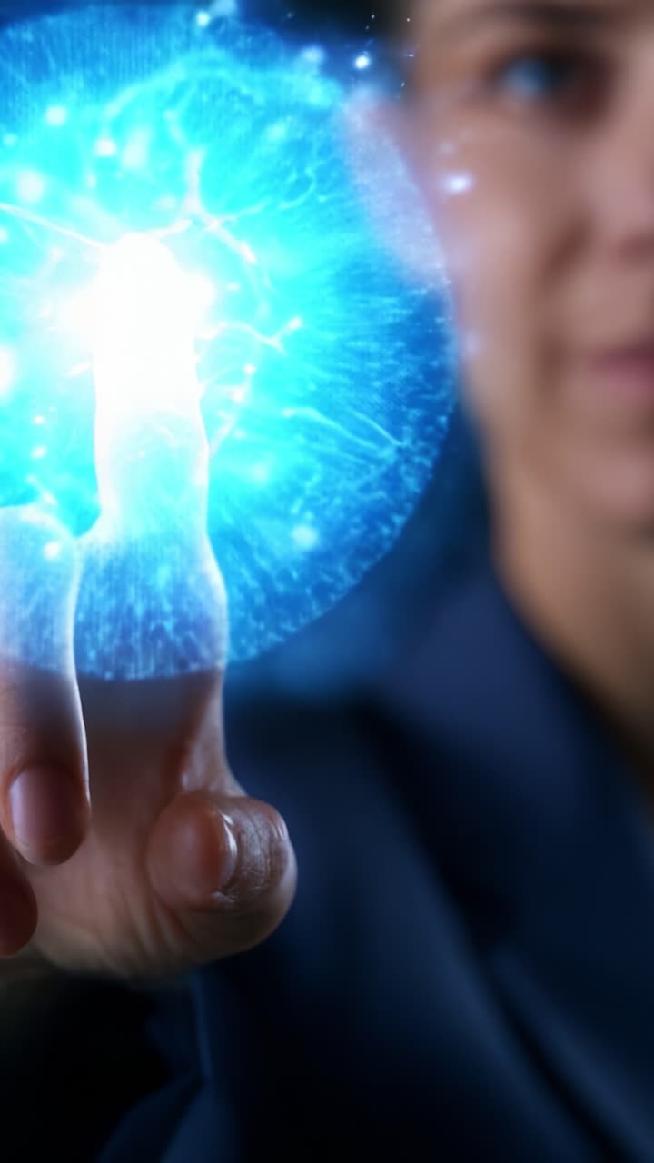 A Glowing Energy Sphere Manipulated by a Person's Finger with Vibrant Blue Lightning Effects Representing Technology and Innovation in a Futuristic Context
