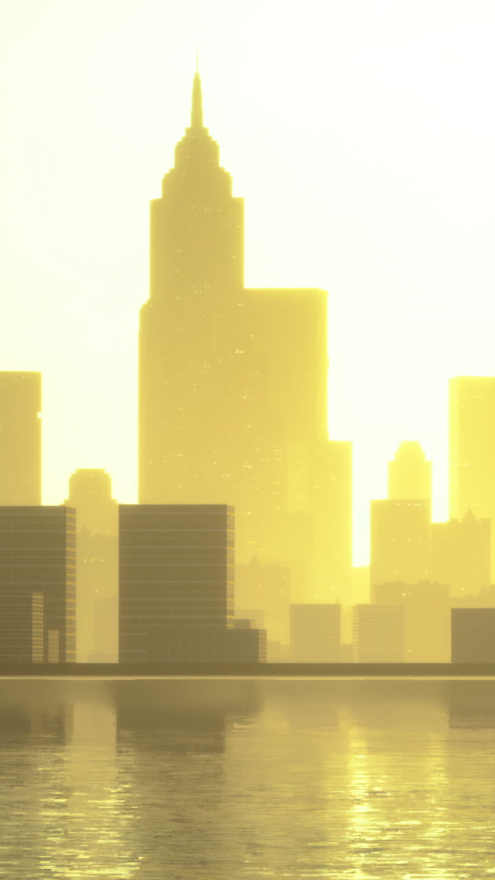Vista del horizonte al atardecer de una ciudad con edificios altos junto al agua