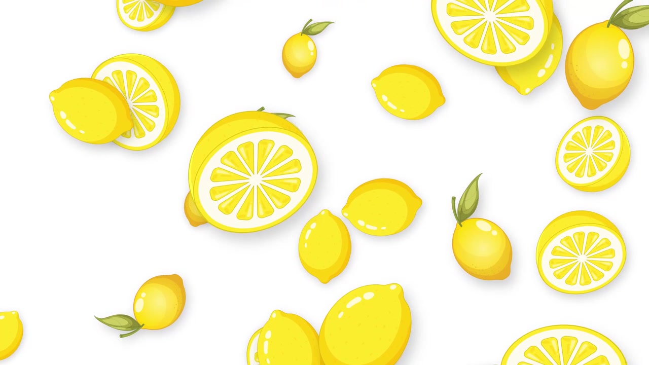 Limoni gialli stilizzati e fette di agrumi cadono verticalmente su uno sfondo bianco pulito