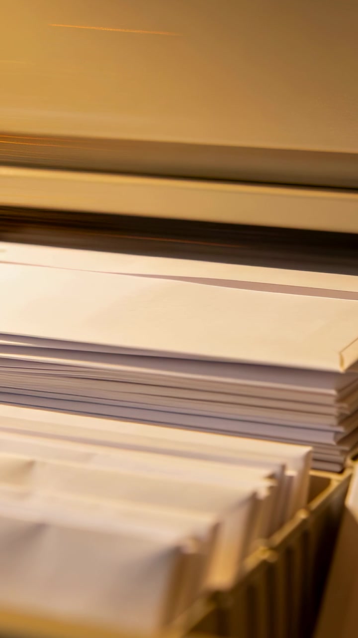 Vertical video: Panning camera showing white envelopes, papers in file shelf, showing divider slots