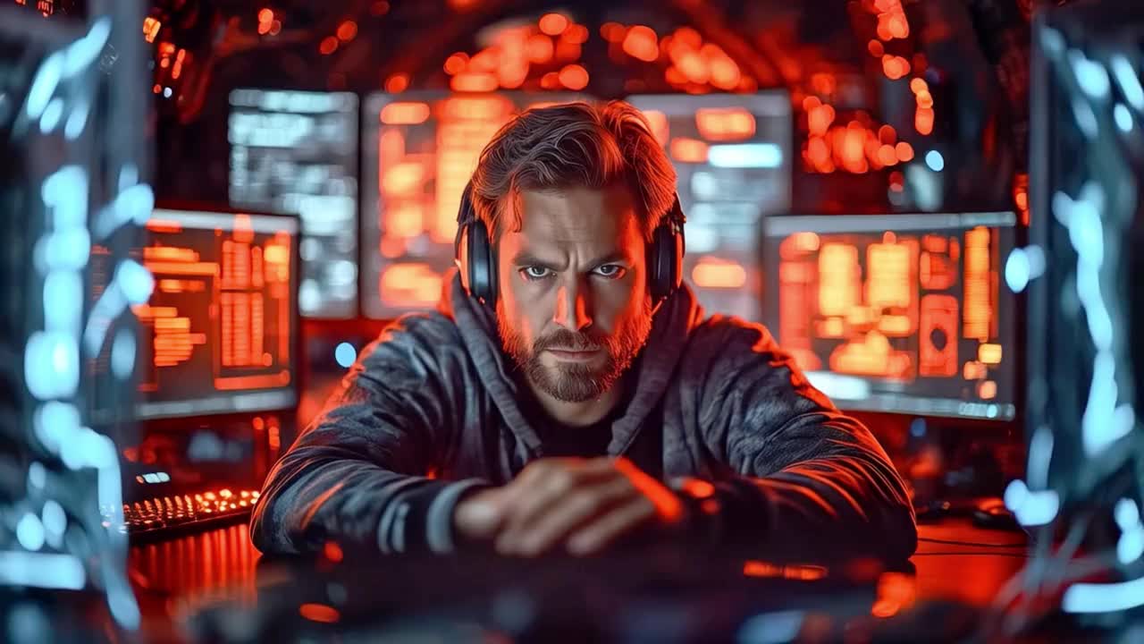 Hacker working on multiple monitors